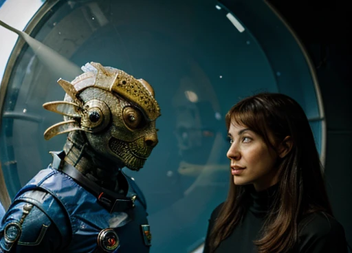 . A humanoid creature similar to a lizard and fish talks to the astronaut.