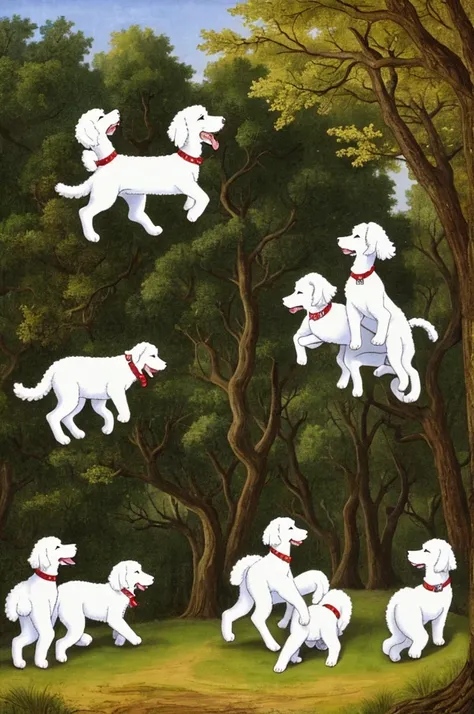 Five white poodles playing in a forest