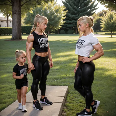 two 10 year old beautiful muscualr bodybuilding children girls, (one blonde haired girl is muscular with a bodybuilder physique)...