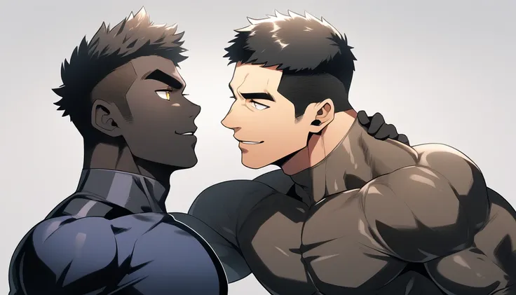 anime characters：Two superheroes in tights, Muscle superhero, negro black skin, They hugged and kissed each other, Bite your neck, Caress, Manliness, male focus, Yellow and black high collar long sleeve tight T-shirt, Slightly transparent material, Very ti...