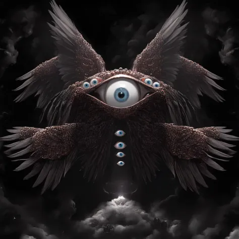 seraphine, mystical creature with hundreds of eyes and pyramidal wings, the body is full of eyes, creepy