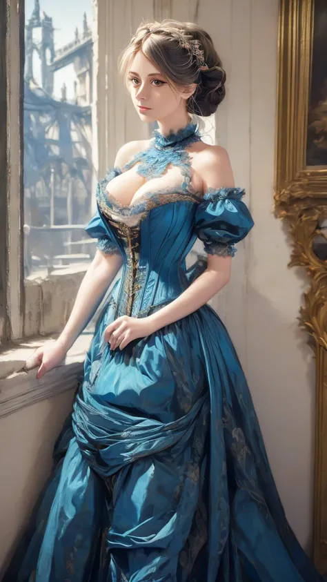 a painting of a woman in a blue dress standing on a ledge, a fine art painting by Louise Catherine Breslau, trending on cgsociety, fantasy art, victorian blue dress, intricate victorian dress, in victorian aristocrat, a beautiful victorian woman, fantasy v...