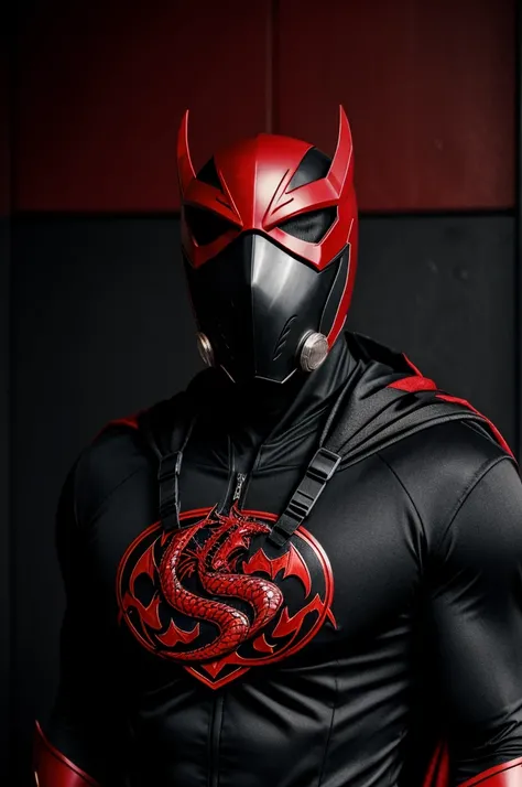 Superhero in black suit and red dragon symbol on chest with mask 