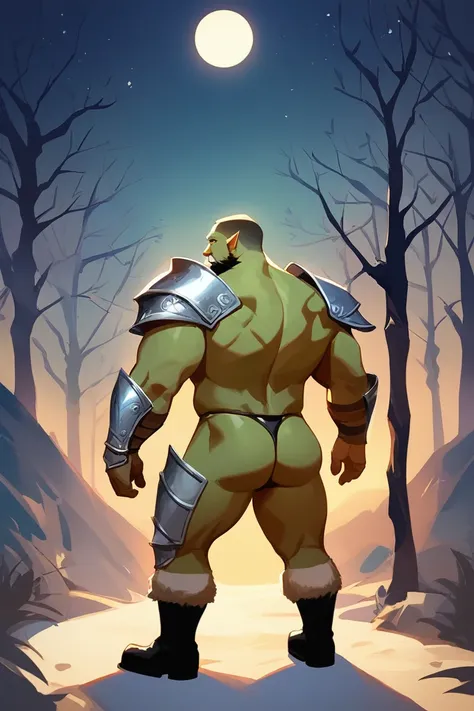 score_9, score_8_up, score_7_up, solo, male focus, bulk male, orc, green skin, tusks, beard, outdoors, micro armor , shoulder armor, breastplate, upper body, closed mouth, pauldrons, night, night sky, standing , boots , shirtless , (black g-string) , full ...