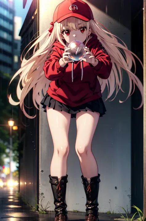 , chisato nishikigi, length, bangs, blonde, (red eyes:1.5), baseball cap,oversized red hoodie,mini skirt,black knee socks,short ...