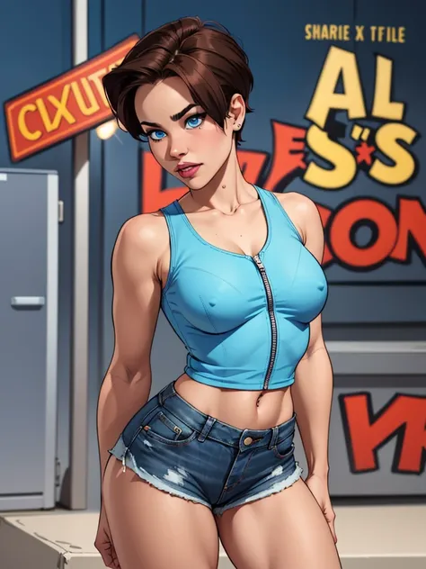 Young female, with short hair, Blue eyes, wearing a tight blue tank top with a low neckline, wearing short, tight denim shorts with the zipper open, comic style