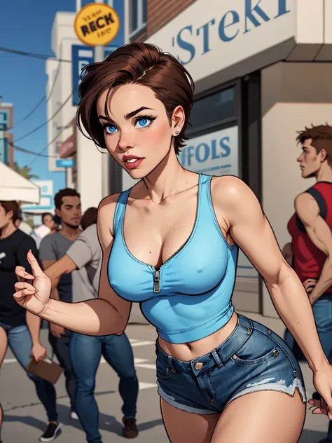 Young female, with short hair, Blue eyes, wearing a tight blue tank top with a low neckline, wearing short, tight denim shorts with the zipper open, comic style