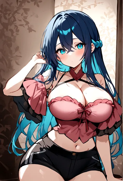 My name is Akari., I am a white test woman with long dark blue hair , turquoise eye color  . I am 1.62 cm tall and weigh 47 kg. My breasts measure 260 cm, my waist 50 cm and my hips 220 cm. Dressed in a tight, low-cut pink blouse along with short black sho...