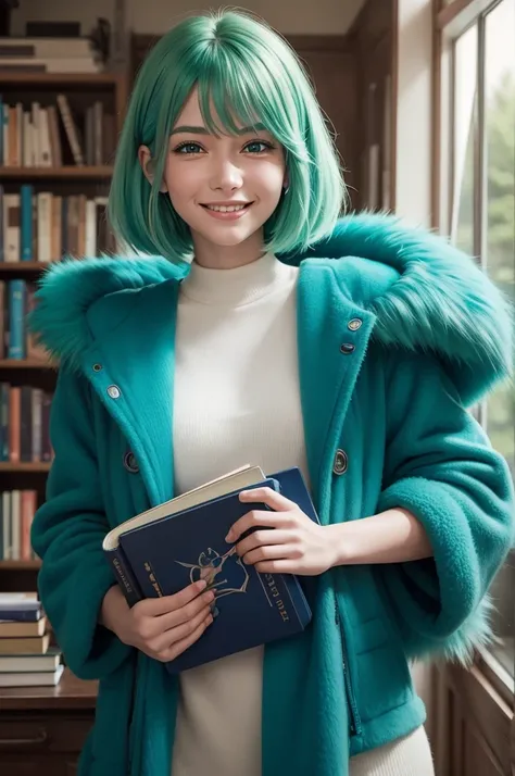 I want a photo of an emotion from the Pixar movie , One with green hair ,blue fur ,and she is holding books and is happy 