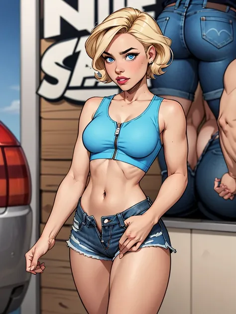 Young female, with blonde short hair, Blue eyes, wearing a tight blue tank top with a low neckline, wearing short, tight denim shorts with the zipper open, comic style