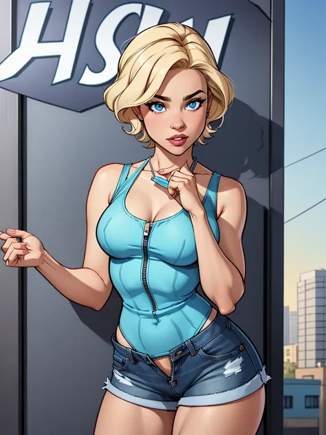 young female, with blonde short hair, blue eyes, wearing a tight blue tank top with a low neckline, wearing short, tight denim s...