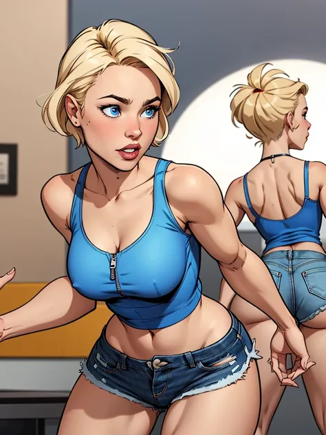 Young female, with blonde short hair, Blue eyes, wearing a tight blue tank top with a low neckline, wearing short, tight denim shorts with the zipper open, comic style