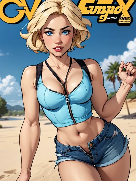 Young female, with blonde short hair, Blue eyes, wearing a tight blue tank top with a low neckline, wearing short, tight denim shorts with the zipper open, comic style