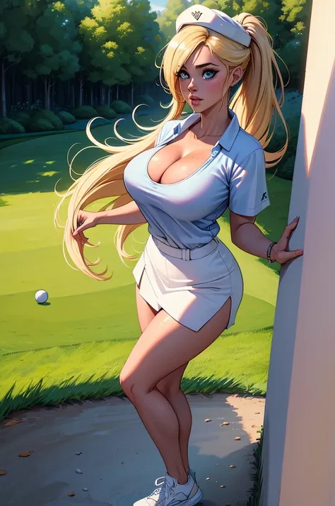 ((Masterpiece)), ((Best Quality)), Ultra High Resolution, HDR, absurderes, 8K, (1 girl), intricate details, ultra-detailed, dramatic lighting, blushing, very happy blue eyes, long blonde hair, ponytail, (golfer shirt, white skirt and white cap), in a golf ...