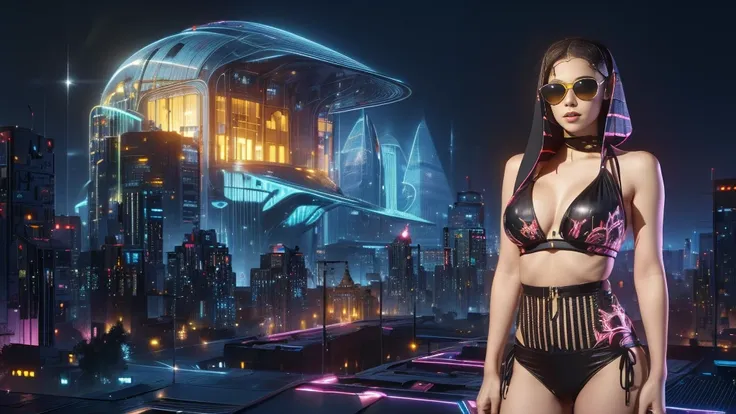 (((a medium-breast bikini slim GIRL with black micro sunglasses))), (((aiming at viewer with a pistol))), a balcony of a futuristic building, aerial view of an ultra-futuristic megalopolis, many metal buildings and houses in dark colors from dark blue to b...