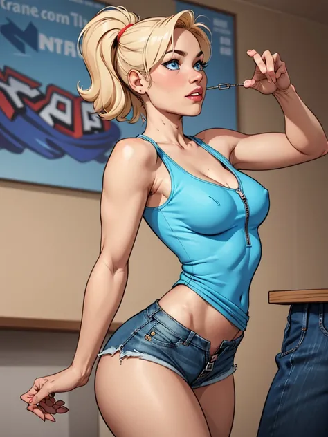 Young female, with blonde short hair, Blue eyes, wearing a tight blue tank top with a low neckline, wearing short, tight denim shorts with the zipper open, comic style