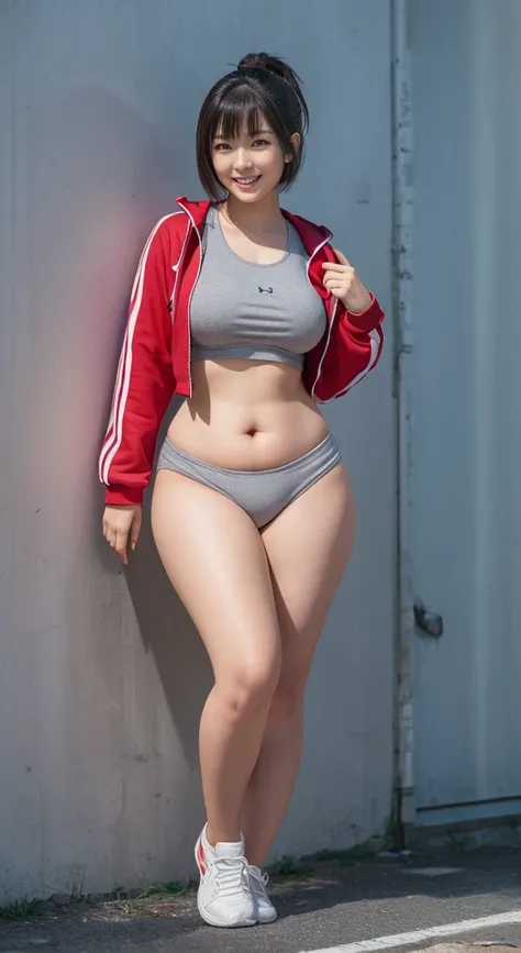 japanese very cute lady on the school gymnasium, cute smile face, face shadow,age20,enter the whole body,RAW photo, gray track suit, sneakers,  full body shot, ((((thick thighs)))), black short hair, small breasts, large buttocks, face shadow,best quality,...