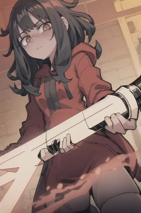 Girl, medium-length black haired, brown eyes, tired expression, red hoodie, airheaded, holding the black sword, beige dress underneath the red hoodie.