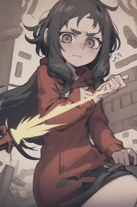 Girl, medium-length black haired, brown eyes, tired expression, red hoodie, airheaded, holding the black sword, beige dress underneath the red hoodie.