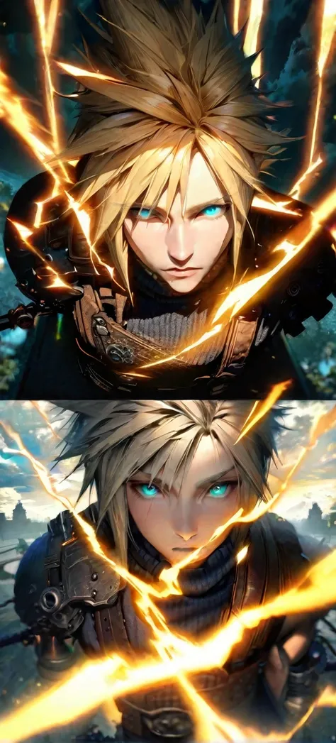 Symetrical,absurdres, highres, ultra detailed, HDR, masterpiece, extremely detailed face and eyes, Cloud Strife,final fantasy 7, yellow hair , , solo, man, handsome, ,, , cool pose, yellow lightning effect, glowing glitters, symetrical , 