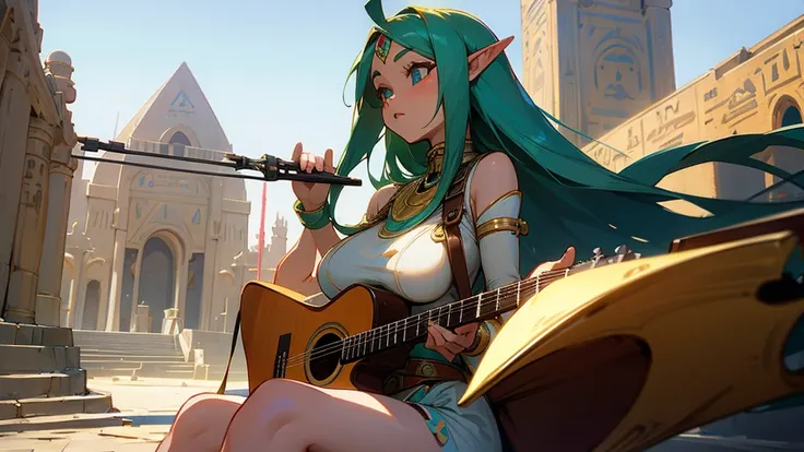 Anime Style,Nostalgic,Detailed Egyptian city background,Beautiful Elf Bard,guitar,Large Breasts,Healthy thighs