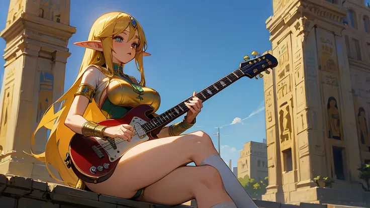 Anime Style,Nostalgic,Detailed Egyptian city background,Beautiful Elf Bard,guitar,Large Breasts,Healthy thighs