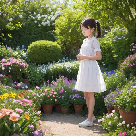 spring has arrived, a girl is busy taking care of flowers in the small garden in her yard, sunlight exposure, warm color, vibrant, beauty, peaceful, high quality, Ultra HD, 4k, 8k, hyper detailed, extreme detail description