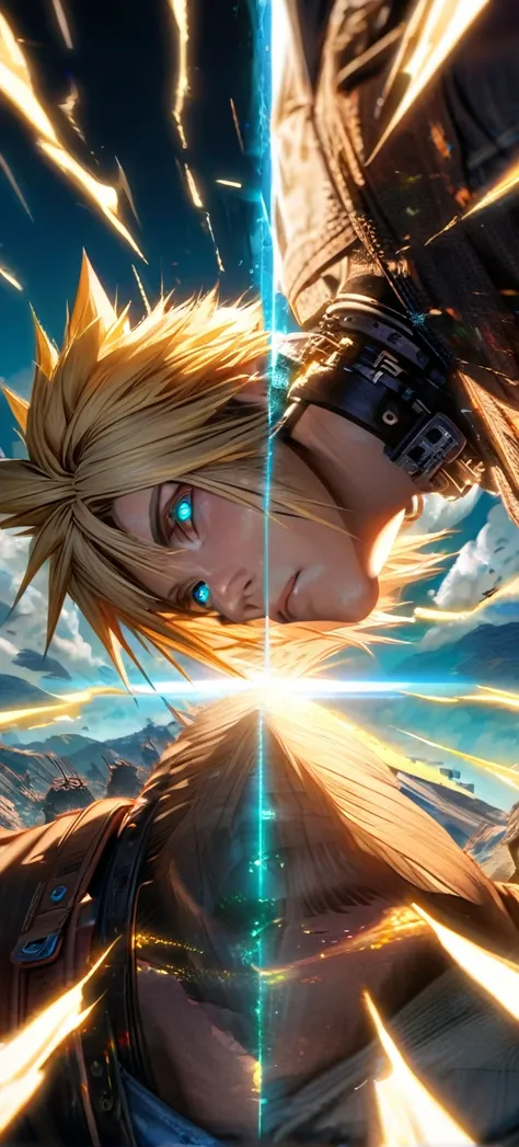 Symetrical,absurdres, highres, ultra detailed, HDR, masterpiece, extremely detailed face and eyes, Cloud Strife,final fantasy 7, yellow hair , , solo, man, handsome, ,, , cool pose, yellow lightning effect, glowing glitters, symetrical