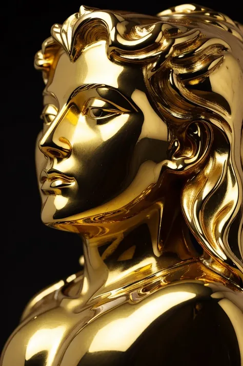 ((Best Quality)), ((Masterpiece)), (detailed), stoic statue melting spilling gold with dark background 