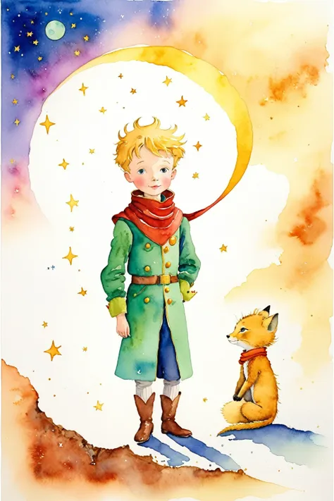 watercolor painting,"the little prince&#39;s starry night" in this sea of stars,a pair of small gentle hands caressing the moon,...