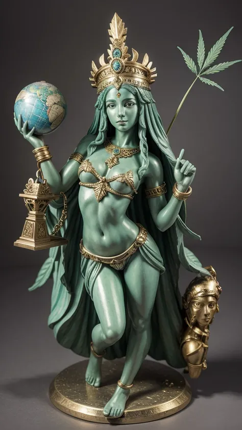 the sculpture of the goddess of justice Temis, holding the globe with a map of Brazil in her right hand and a Cannabis leaf in her other left hand