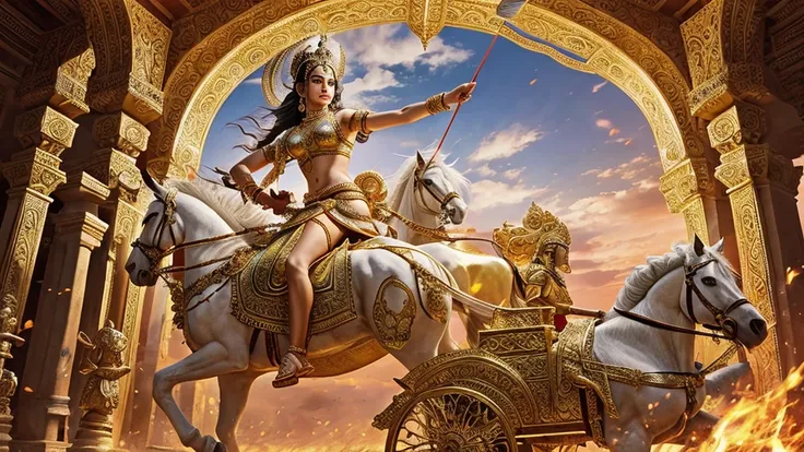 Depict a grand and ornate chariot driven by Lord Krishna in an ancient battlefield setting. The chariot should be golden with intricate carvings, adorned with jewels and divine symbols. Krishna, with his serene and divine appearance, is holding the reins, ...