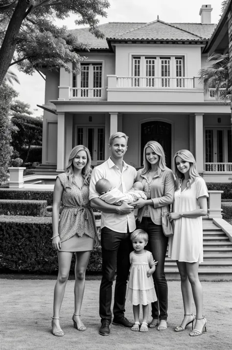 Mom with blonde hair with her 2 daughters with blonde hair and husband with brown hair and a baby boy with brown hair standing outside a mega mansion that is black and white 