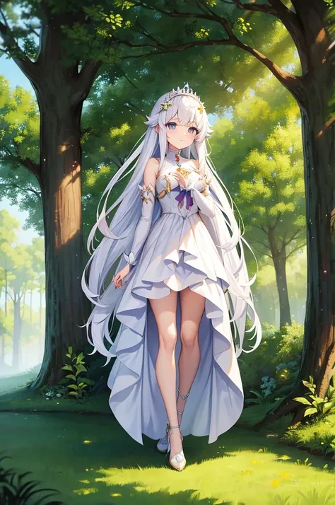 Anime princess with a long, white dress that covers most of her body. Her hands are to her chest, and her crown it made of twigs and branches, representing her connection and care for nature. Background of a forest