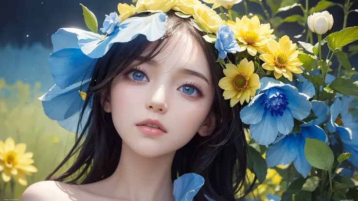 32k, Masterpiece, Highest quality, One girl, Detailed eyes, flower,Dahlia, Blue and yellow style,A dreamy, romantic piece,Pale yellow, Mysterious Leaves,A playful arrangement,Fantasy,High Contrast,Ink strokes,explosion,Exposure, Impression of blue and yell...