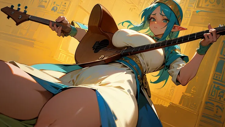 Anime Style,Nostalgic,Detailed Egyptian background,The medieval world,A bustling square with many people,Beautiful Elf Bard,guitar,Large Breasts,Healthy thighs