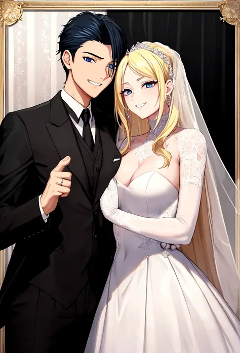 {(one man and one woman) (pose: the man is holding the womans chin and grinning) (appearance: man with blonde hair and bright blue eyes. woman with black hair and black eyes) (attiribute: women wear wedding dresses and men wear black wedding suits) (backgr...