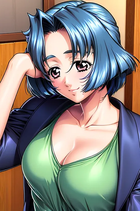 (best quality), (masterpiece), (focus on face), つやのある肌, 1girl, smile, cardigan, medium large breasts, emphasizing the cleavage