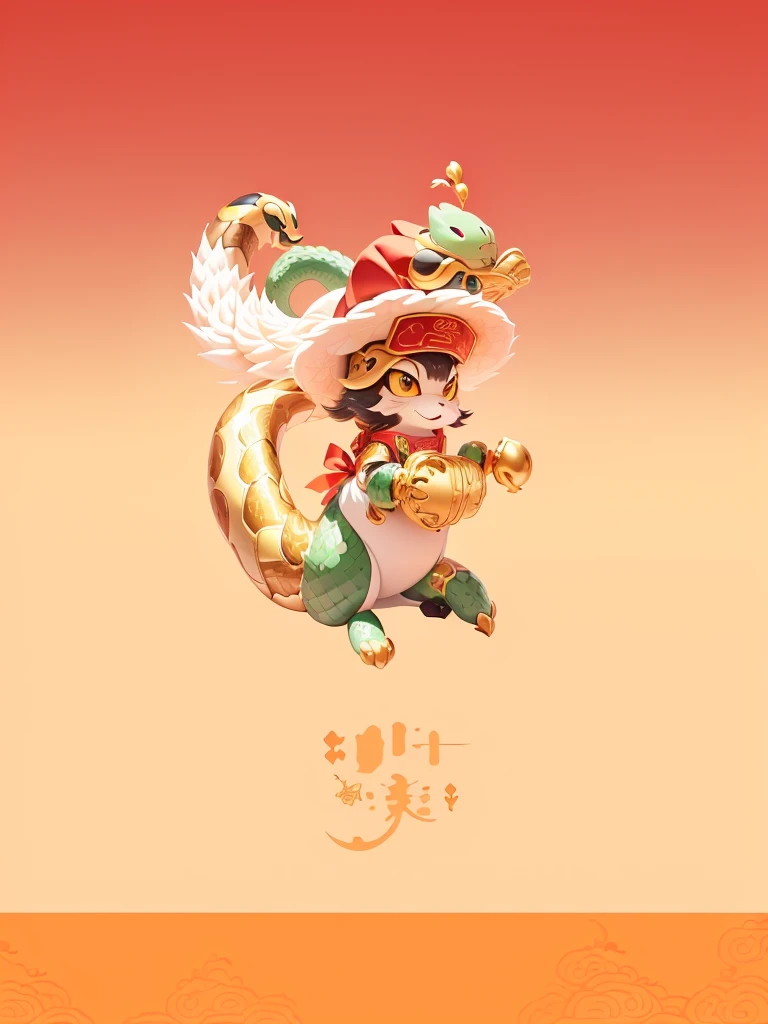 there is a cartoon character of wearing a snake-shaped hat on, Cute little snake, Cute numbers, Hand holding gold ingot， Lovely and detailed digital art, Cute monster character design, Snake in a hat, Inspired by Pu Hua, Official illustration of anthropomo...