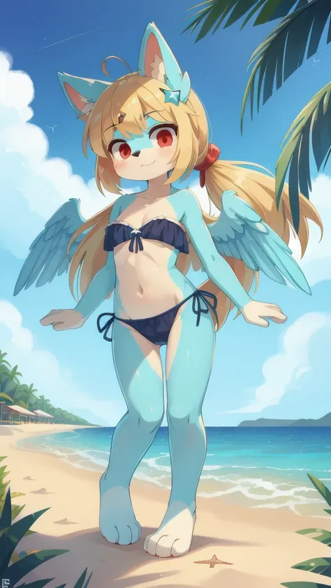 score_9,score_8_up,score_7_up, source_cartoon, source_furry, Furry girl, dog, wavy bangs, long wavy ponytail, blonde hair, red eyes, small breasts, detailed body fur, ((star hairpin, dark blue strapless fringed bandeau bikini, fringed bikini bottom)), blue...