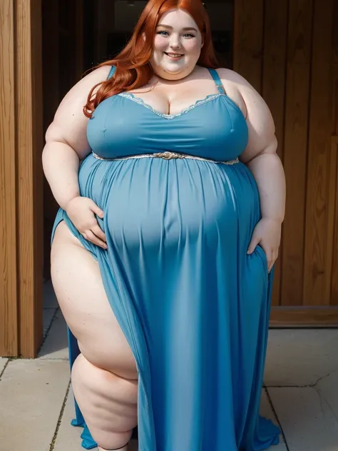 A Happy photo of a young beautiful redhead Ssbbw with soft fat belly, wide fat obese hips, thick fat legs and fat arms, cute double chin, small breasts, blue eyes, freckles, in a covering long dress