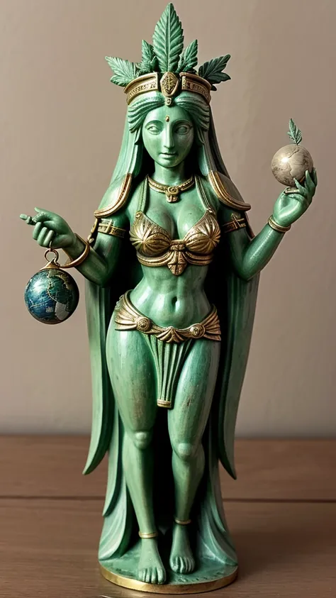 the sculpture of the goddess of justice Temis, holding the globe with a map of Brazil in her right hand and a Cannabis leaf in her other left hand