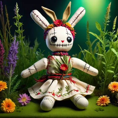 (knitted toy voodoo doll:1.9), (Voodoo Rabbit:1.2) (Herb Master:1.3), (Clothing: leafy tunic with glowing herbal patterns:1.0), (Accessories: enchanted mortar and pestle emitting sparks of botanical magic, levitating spectral herbs:1.1), (background: lush ...