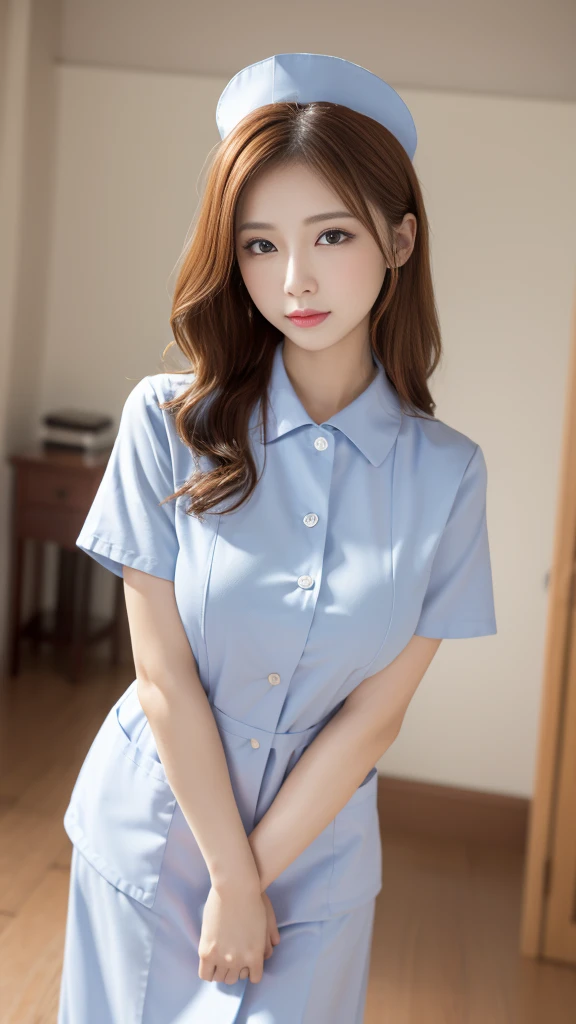 (masterpiece, Highest quality:1.2),alone,The eyes are exquisite and delicate,Long auburn hair、Pink Lips,blue eyes,Big Breasts、Wavy Hair、White nurse uniform、Japanese