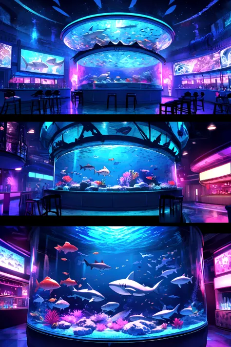 Shark-themed nightclub. Fish tanks with different species of sharks ((realist)) 