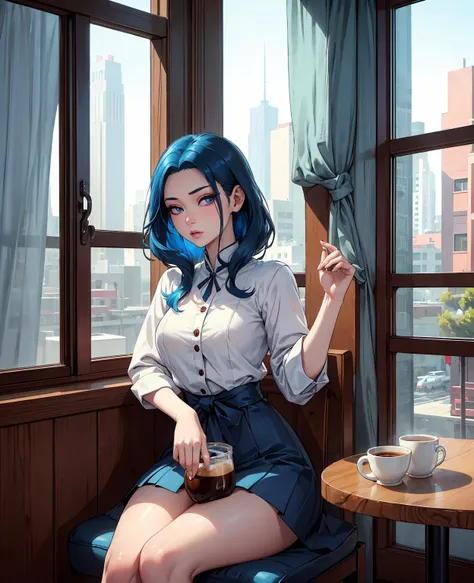 photo of leegahyeon korean woman in cafe sitting at table holding coffee window sunlight, blue hair, dynamic pose, skin texture, pale skin, shiny skin, (slim, petite:1.2), [:(sharp focus on face, detailed face, perfect eyes, looking at viewer:1.2):0.2], ph...