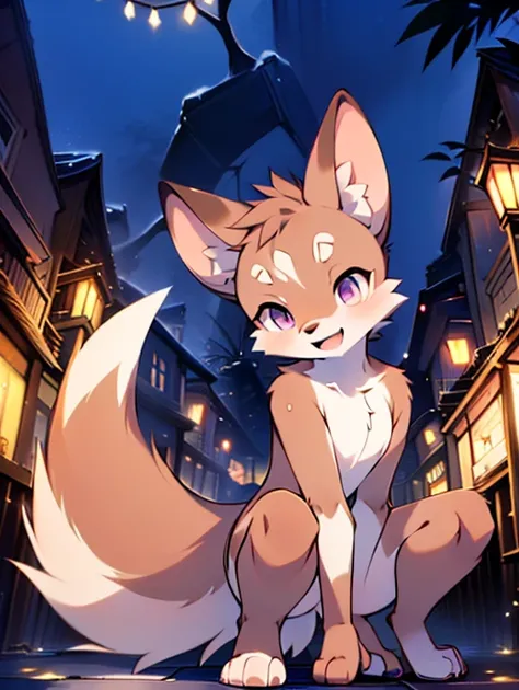 Civet cat, Little Boy, cute, (alone), (((Has brown and white fur))), Big purple eyes, Blushing, smile, Open your mouth, walking, night, Ancient Asian cities, bright street lights, Blue and black slate road, Empty Streets, Starry Sky, Shadow, Detailed facia...