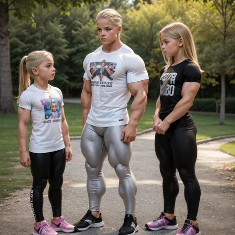 two 10 year old beautiful muscualr bodybuilding children girls, (one blonde haired girl is muscular with a bodybuilder physique), (one haired girl is with a muscular fitness model physique, girly leggings, tshirt) in a park