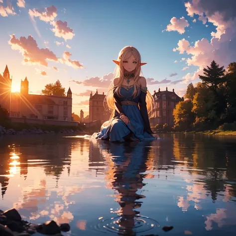 a beautiful young elf, dressed in an elegant bright multicolored dress, long and pompous. She is sitting on the shore of a magical lake with crystal clear water.... his feet are in the water. With the backdrop of a beautiful sunset that highlights the figu...