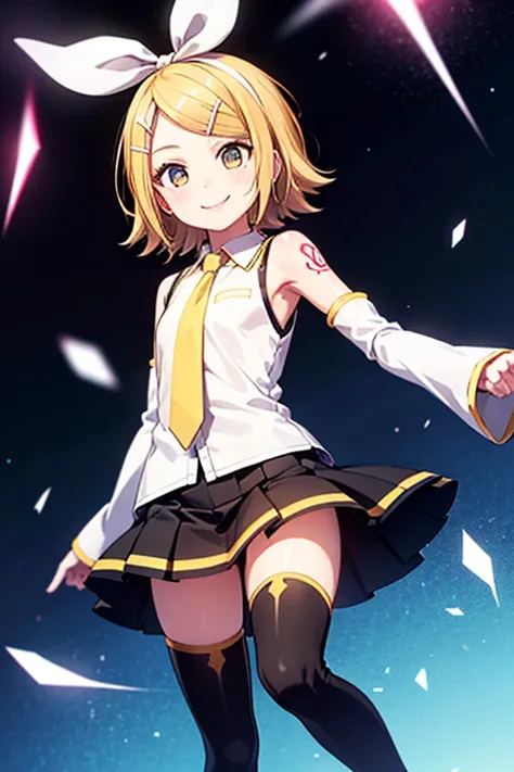 1girl, solo, kagamine rin, smile, sleeveless shirt, white shirt, detached sleeves, necktie, arm tattoo, skirt, thighhighs, thigh boots, looking at viewer